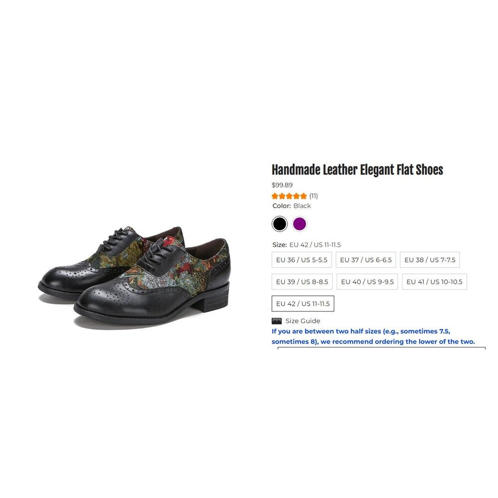Handmade  Leather Oxfords, womens size 42 EUR or 11US